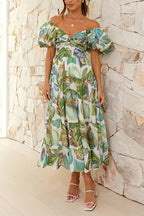 Twist Front Puff Sleeves Ruffle Tiered Printed Maxi Dress