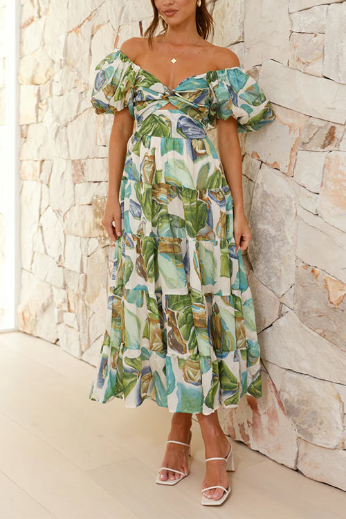Twist Front Puff Sleeves Ruffle Tiered Printed Maxi Dress