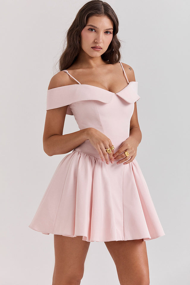 Off Shoulder Foldover Collar Spaghetti Strap Pleated Fit and Flare Mini Dress
