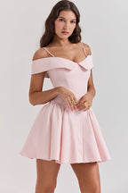 Off Shoulder Foldover Collar Spaghetti Strap Pleated Fit and Flare Mini Dress