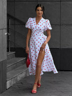 Pure Cotton Bandage Wrap-up Puff Sleeve Printed Comfort Maxi Dresses