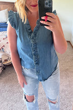 V Neck Ruffle Trim Sleeveless Denim Top