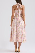Halter Tie Front Waisted Floral Print Midi Dress