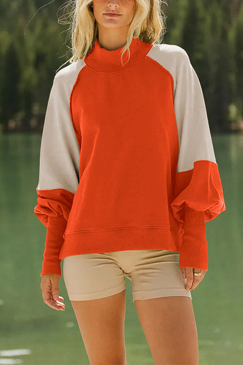 Mockneck Lantern Sleeves Color Block Sweatshirt
