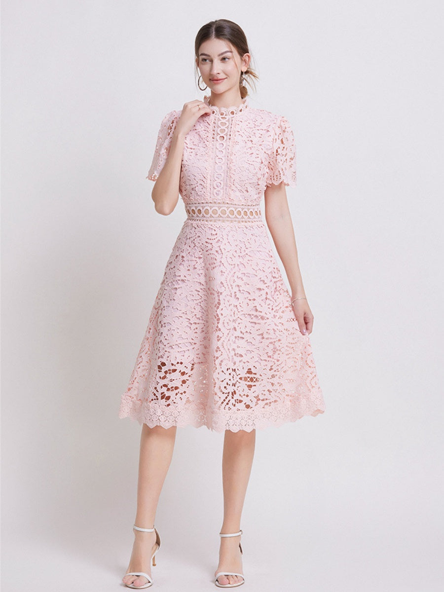 Lace Waist-cinching Hollow-out Midi Dress