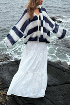 Lantern Sleeves Button Down Color Block Stripes Sweater with Scarf
