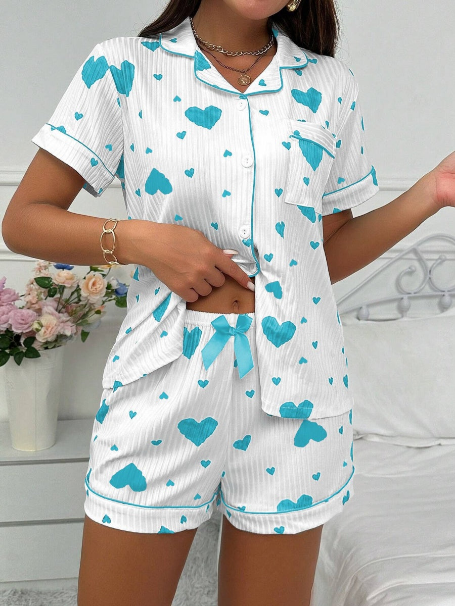 Heart-print Cardigan With Collar And Button-down Short Sleeves And Shorts, Two-piece Loungewear Set