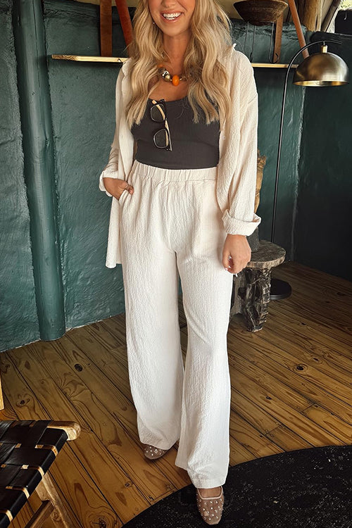 Long Sleeves Side Slit Blouse Shirt Elastic Waist Wide Leg Pants Set