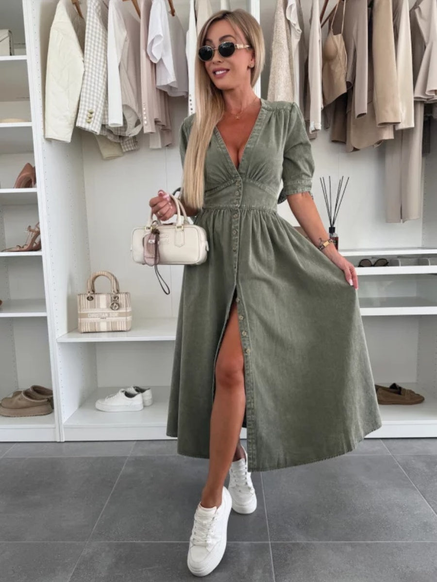 V-neck Short-sleeved Loose-fitting Denim Button-down Long Dress