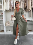 V-neck Short-sleeved Loose-fitting Denim Button-down Long Dress