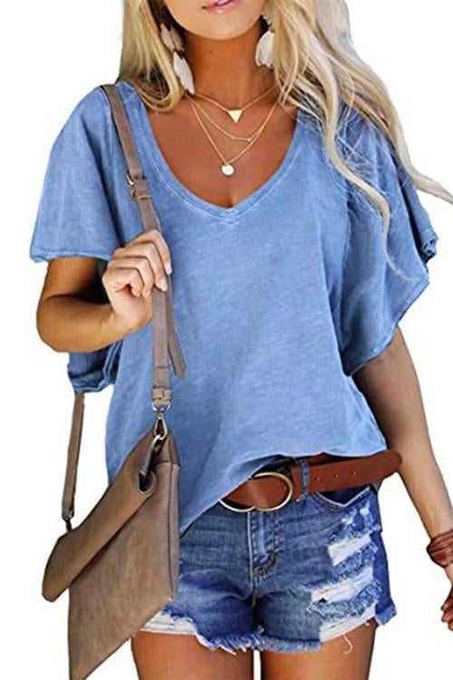 V Neck Ruffle Sleeves Loose T Shirt