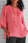 3/4 Sleeve Side Split Solid Cotton Linen Top