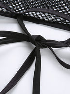 Black Round Neck Tie-up Cropped Mesh See-through Top