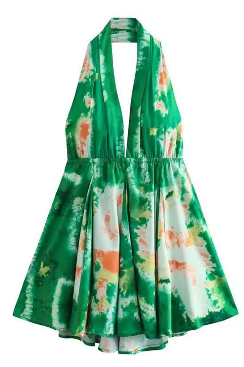 Deep V Neck Halter Backless Printed Mini Vacation Dress