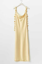Cowl Neck Flower Applique Satin Maxi Cami Dress