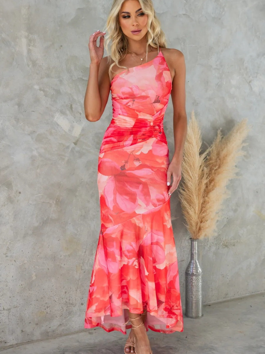 Sloping Shoulders Printed Stretch Tube Top Maxi Dresses
