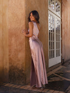 Satin Off-shoulder Pleated Waist Long Dress