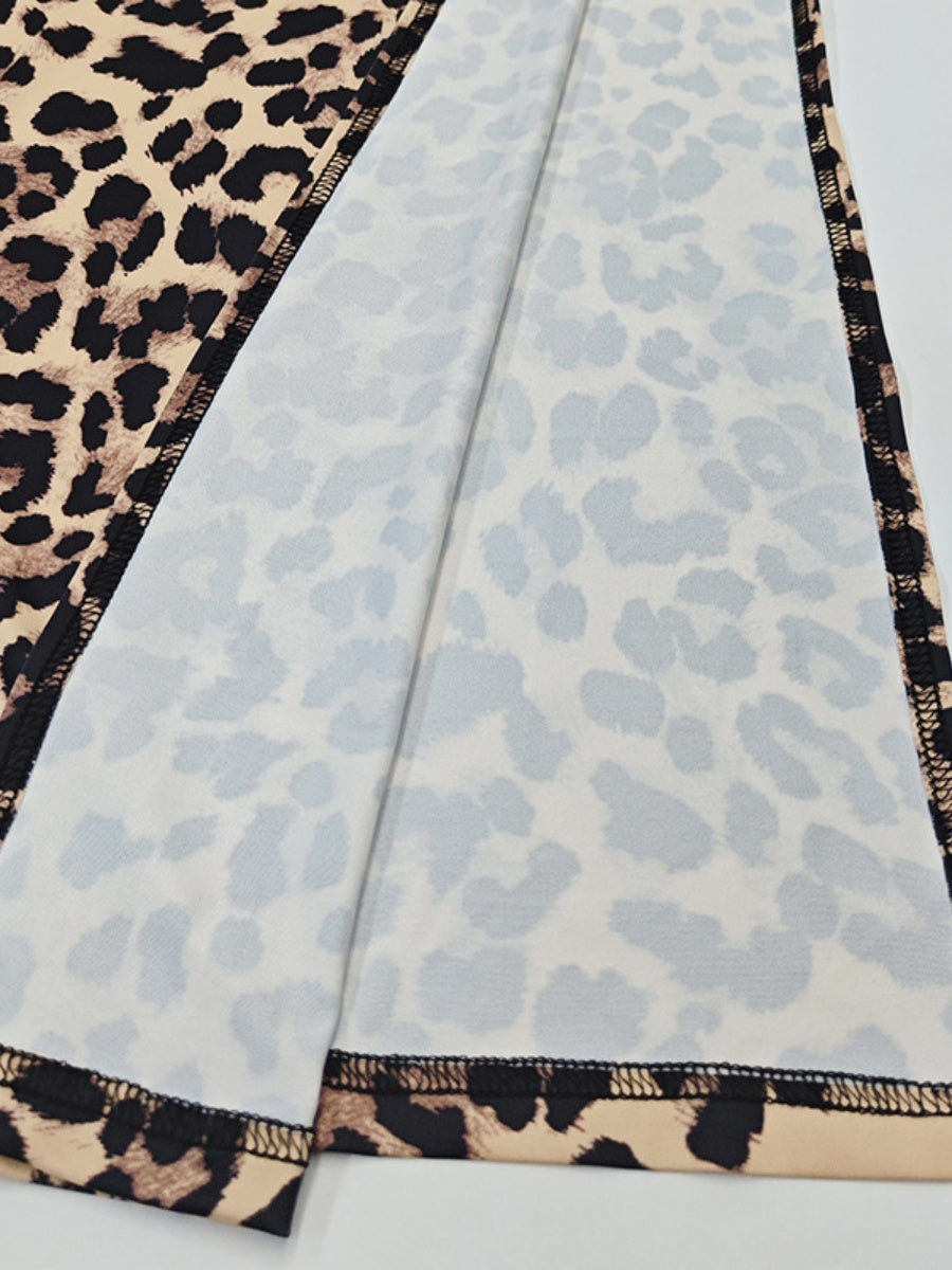 Chain Backless Camisoles Irregular High Slit Leopard Print Maxi Dresses
