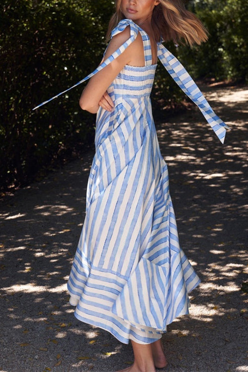 Pocketed Bow Shoulder Striped Swing Maxi Cami Dress