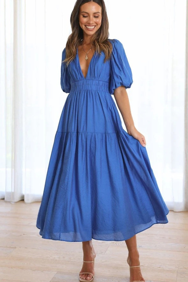 Deep V-Neck Smocked Waist Puff Sleeve Tiered Midi Dress