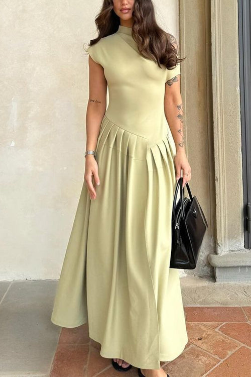 Elegant Asymmetric Shoulder Pleated Swing Maxi Dress