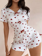 Heart-print Collared Short-sleeved Shirt And Shorts With Bow Tie - A Loungewear Set That Can Be Worn As Outerwear.