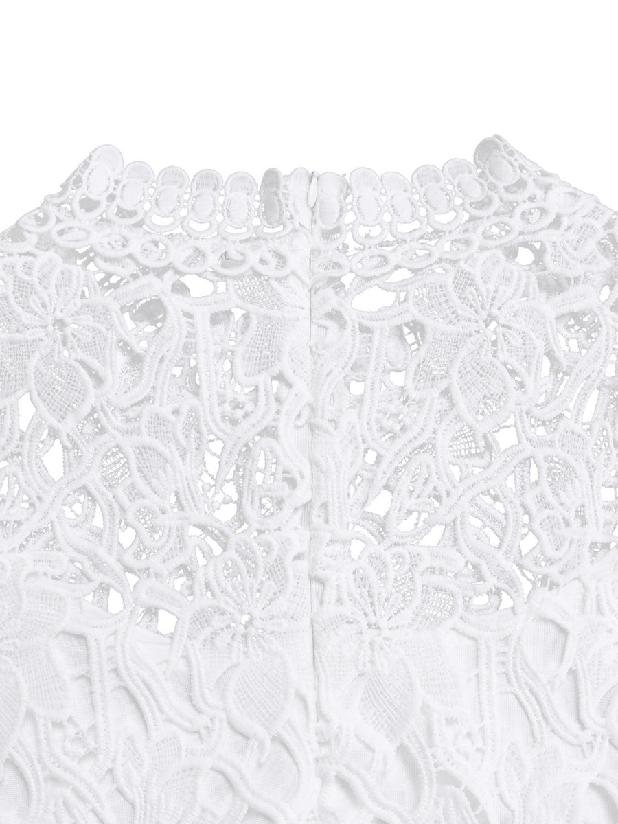 Lace Trim Hollow Short Sleeve Bandage High Waist Wide Leg Jumpsuits