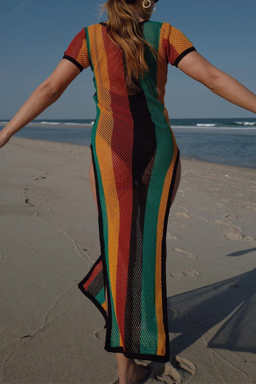 Side Slit Hollow Out Fishnet Striped Midi Dress