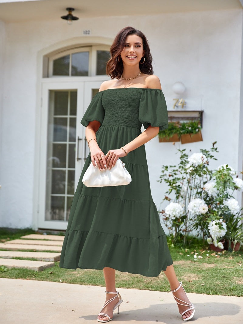 Square Neck, Backless, Puff Sleeve, Pleated Short-sleeved Long Dress