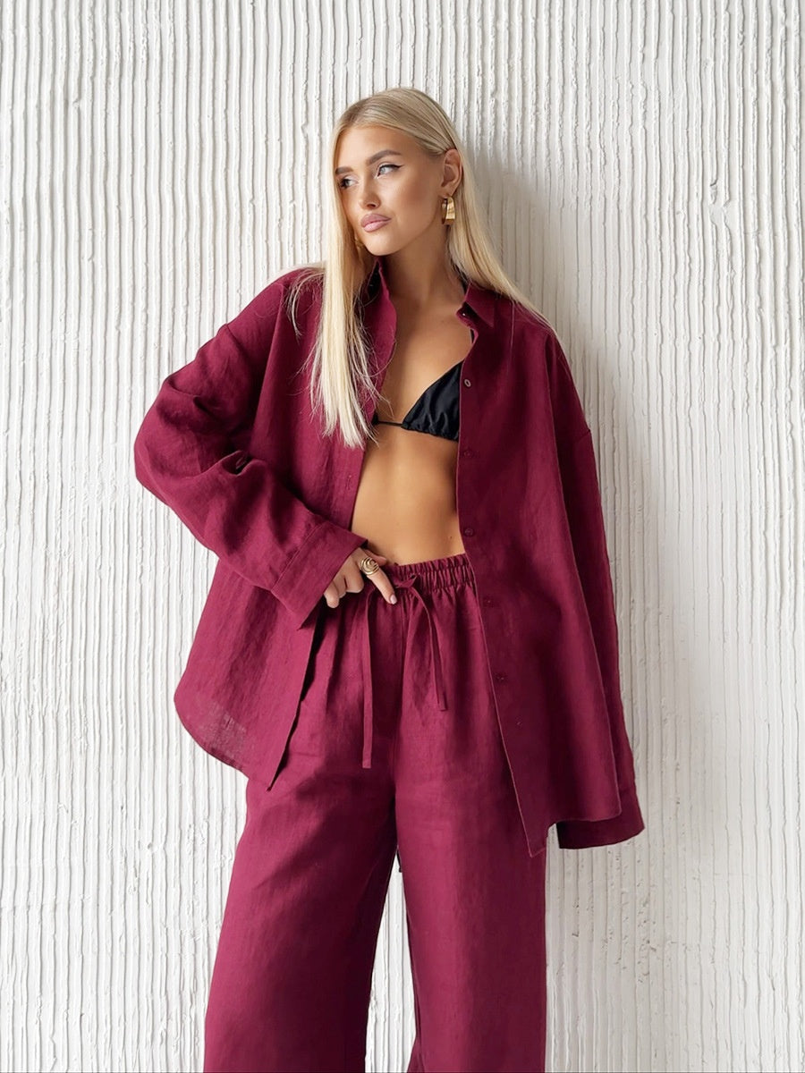 Loose-fitting Long-sleeved Shirt And Casual Trousers Two-piece Set