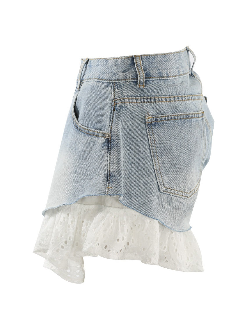 Straight-leg Patchwork Lace Denim Shorts
