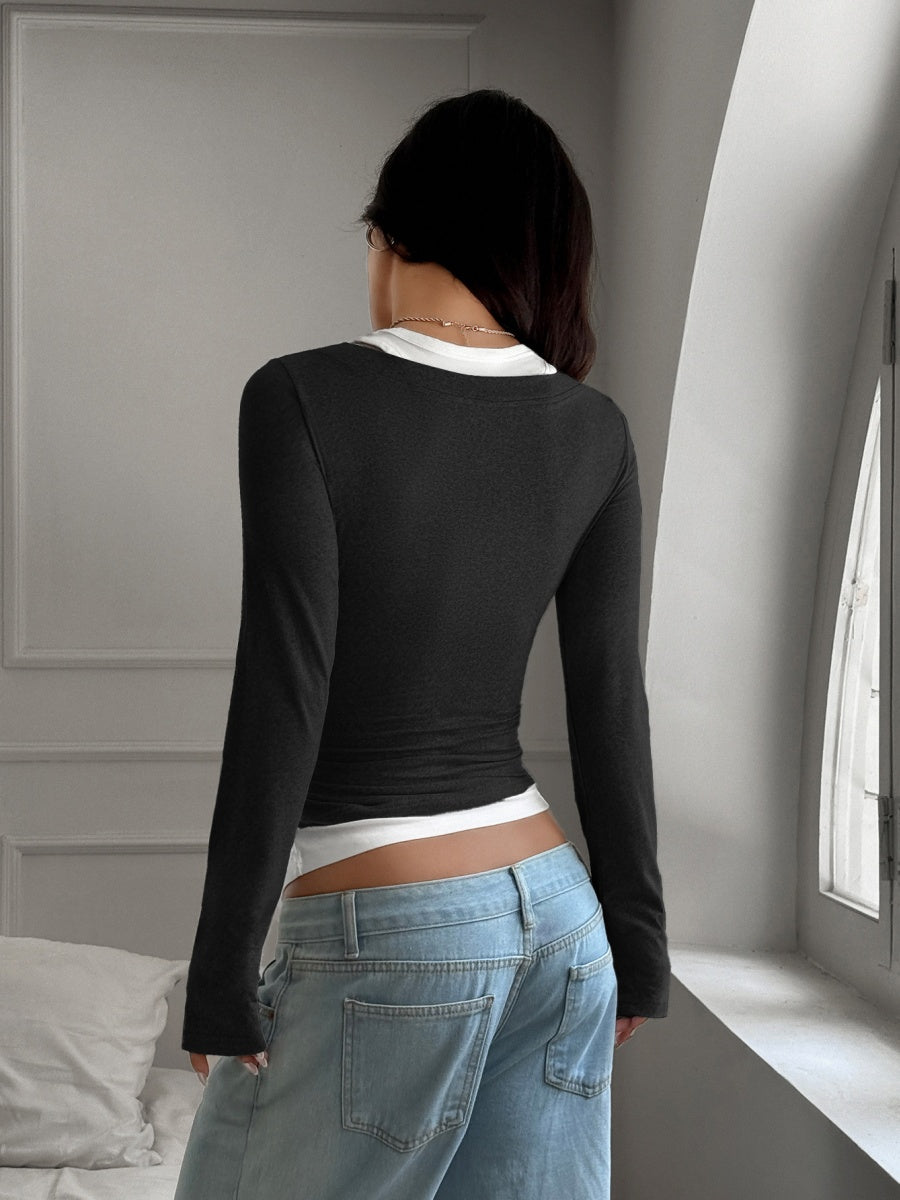 Faux Two-piece U-neck Halter Neck Long-sleeved T-shirt
