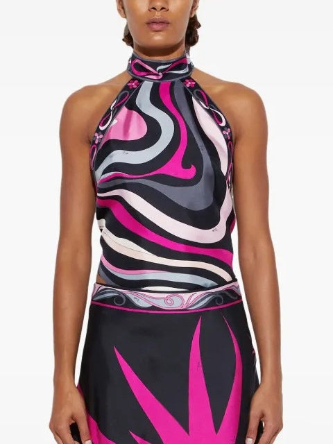 Satin Halter Neck Backless Top And Skirt Two-piece Set