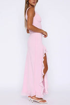 V Neck Sleeveless Ruffle Trim Slit Maxi Dress