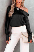 Cold Shoulder Long Sleeve Solid Satin Blouses