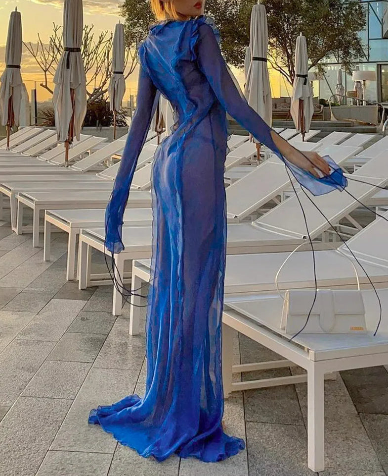Deep V Neck Tie Front Ruffle Trim Fringe Cuff High Slit Sheer Maxi Dress