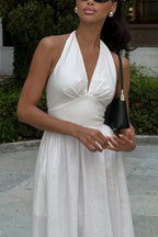 Solid Color Halter Neck Tie Elegant Backless Waist-cinching Maxi Dress