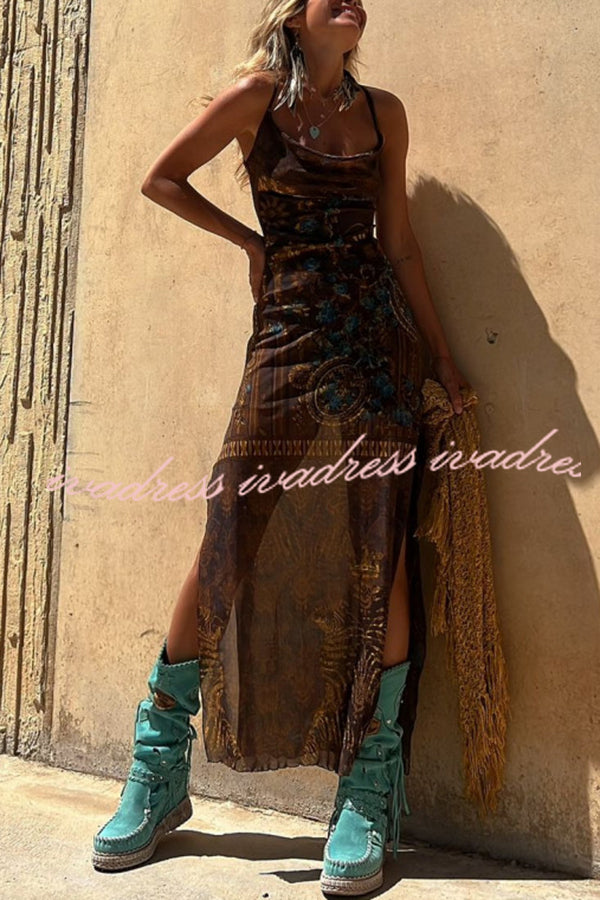 Gypsy Style Unique Print Cowl Neck Back Lace-up Slit Midi Dress