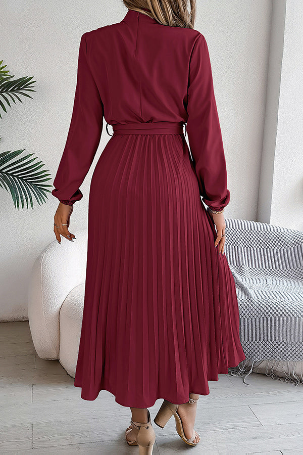Mock Neck Lantern Sleeve Belted Pleated A-Line Midi Dress