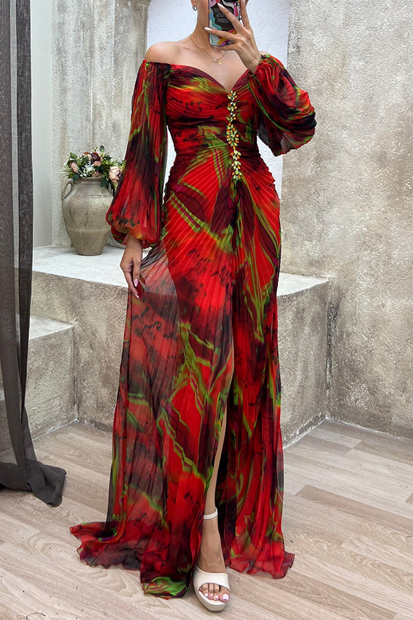 Off Shoulder Bishop Sleeve Jewel Embellished Plisse Abstract Print Maxi Gown