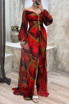 Off Shoulder Bishop Sleeve Jewel Embellished Plisse Abstract Print Maxi Gown
