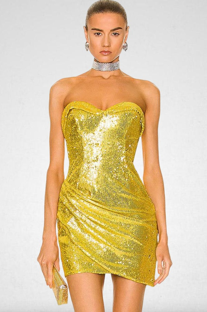 Sequin Strapless Sweetheart Ruched Wrap Bodycon Mini Dress