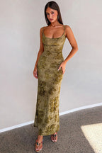 Green Spaghetti Strap Backless Chain Detail Burnout Floral Mesh Maxi Dress