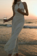 Satin V-Neck Halter Backless Maxi Dress