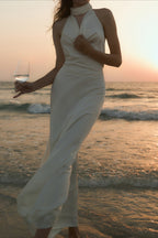 Satin V-Neck Halter Backless Maxi Dress