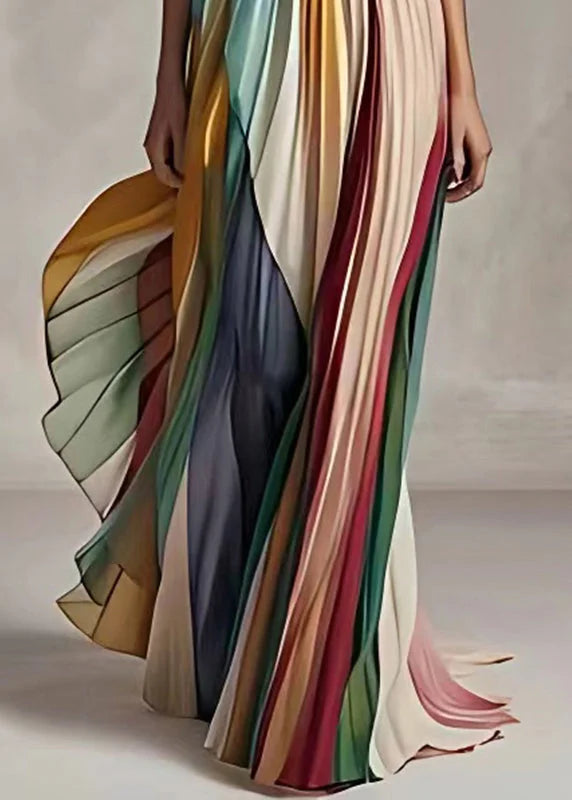 Slim Fit Striped Cold Shoulder Crinkled Chiffon Pleated Dress