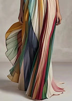 Slim Fit Striped Cold Shoulder Crinkled Chiffon Pleated Dress