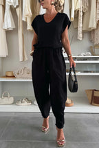 Linen Blend Solid Color V-neck Short-sleeved Top and Elastic Waist Pocket Bloomers Pants Set