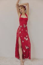 Floral Print Lace Panel Halter Neck High Split Maxi Dress