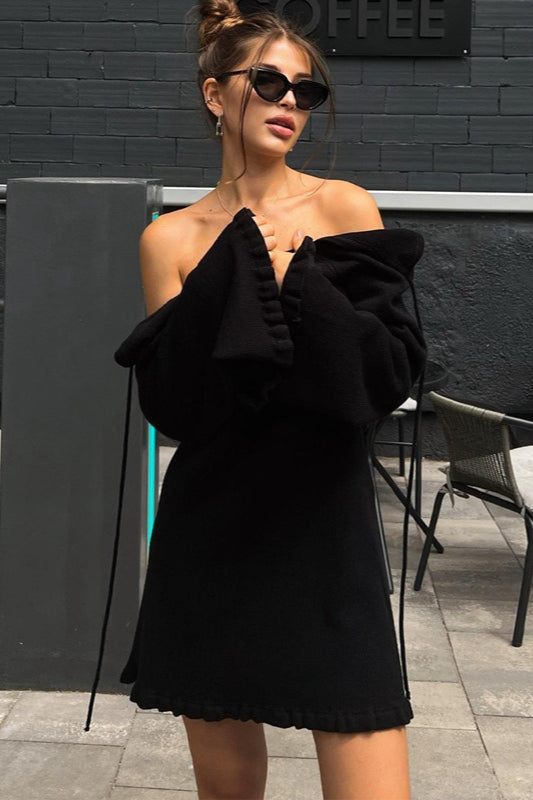 One Shoulder Long Sleeve Ruffle Cuff Lettuce Hem Mini Sweater Dress
